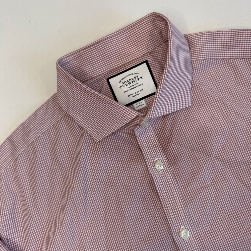 Charles Tyrwhitt Extra Slim Fit Non-Iron Shirt 17/37 Red White Micro Check